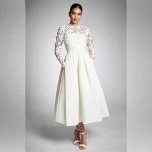 Sachin + Babi Anthropologie Cecelia Lace-Sleeve A-Line Pleated Midi Dress